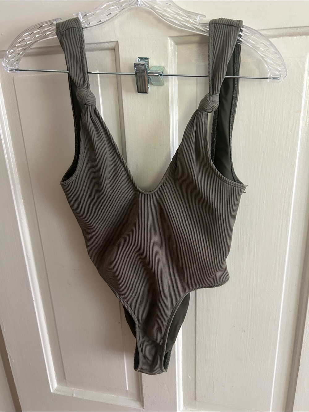 Ribbed Knot-Strap Bandeau One-Piece - Olive